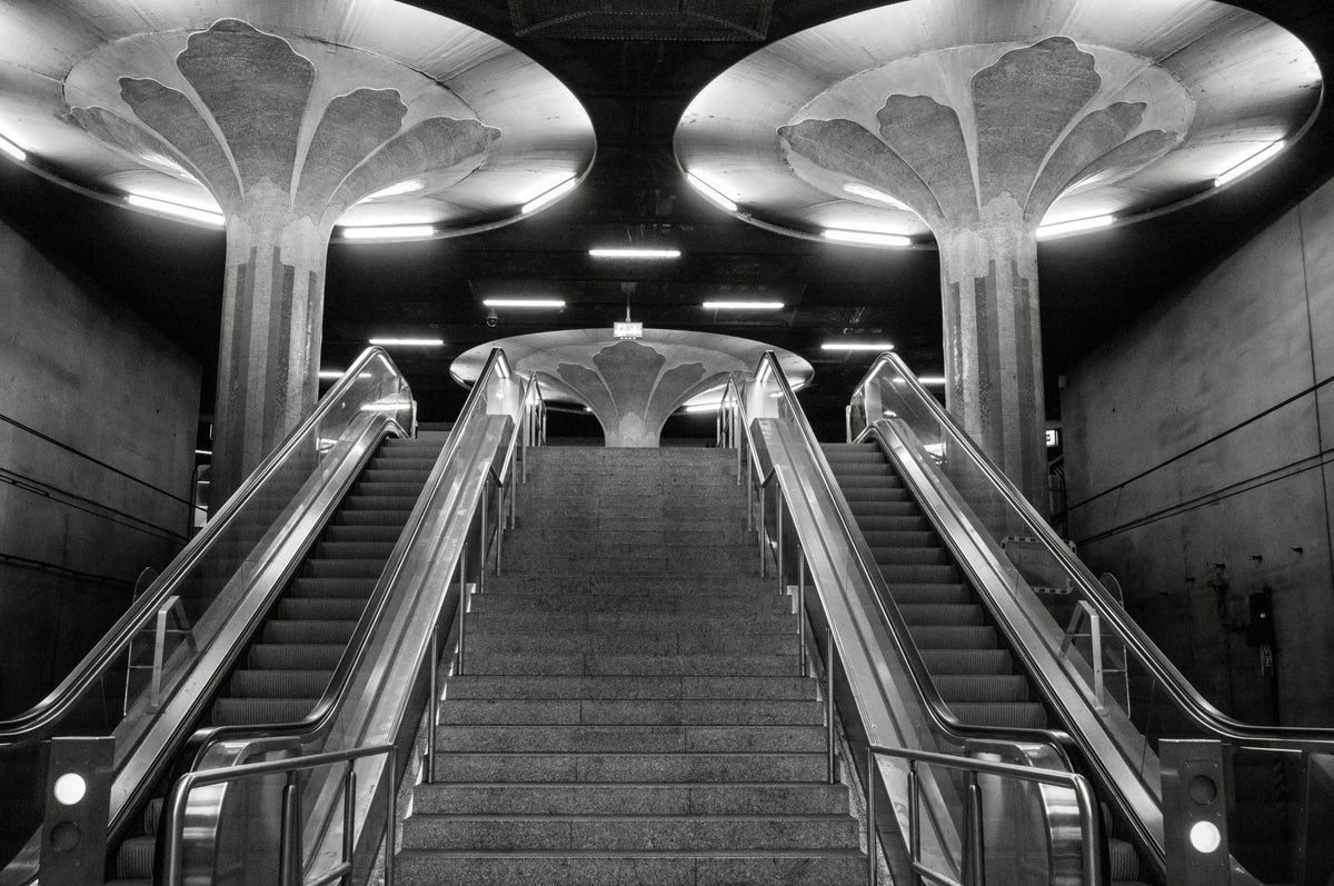 U-Bahn Escalators and Mushroom Columns - Frankfurt Black and White Architecture Photography Print