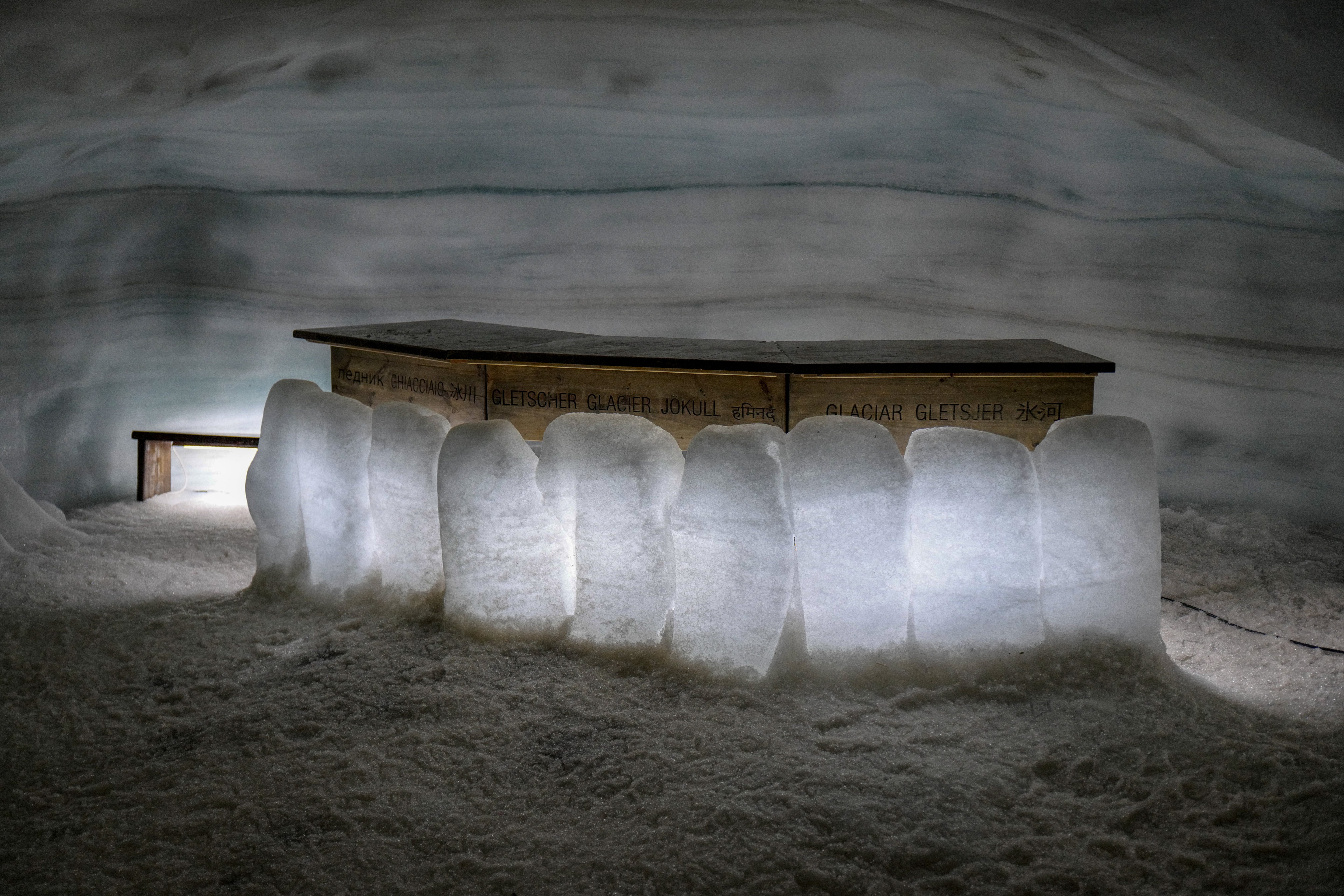 Glowing Ice Blocks in a Glacier Tunnel - Iceland Photography