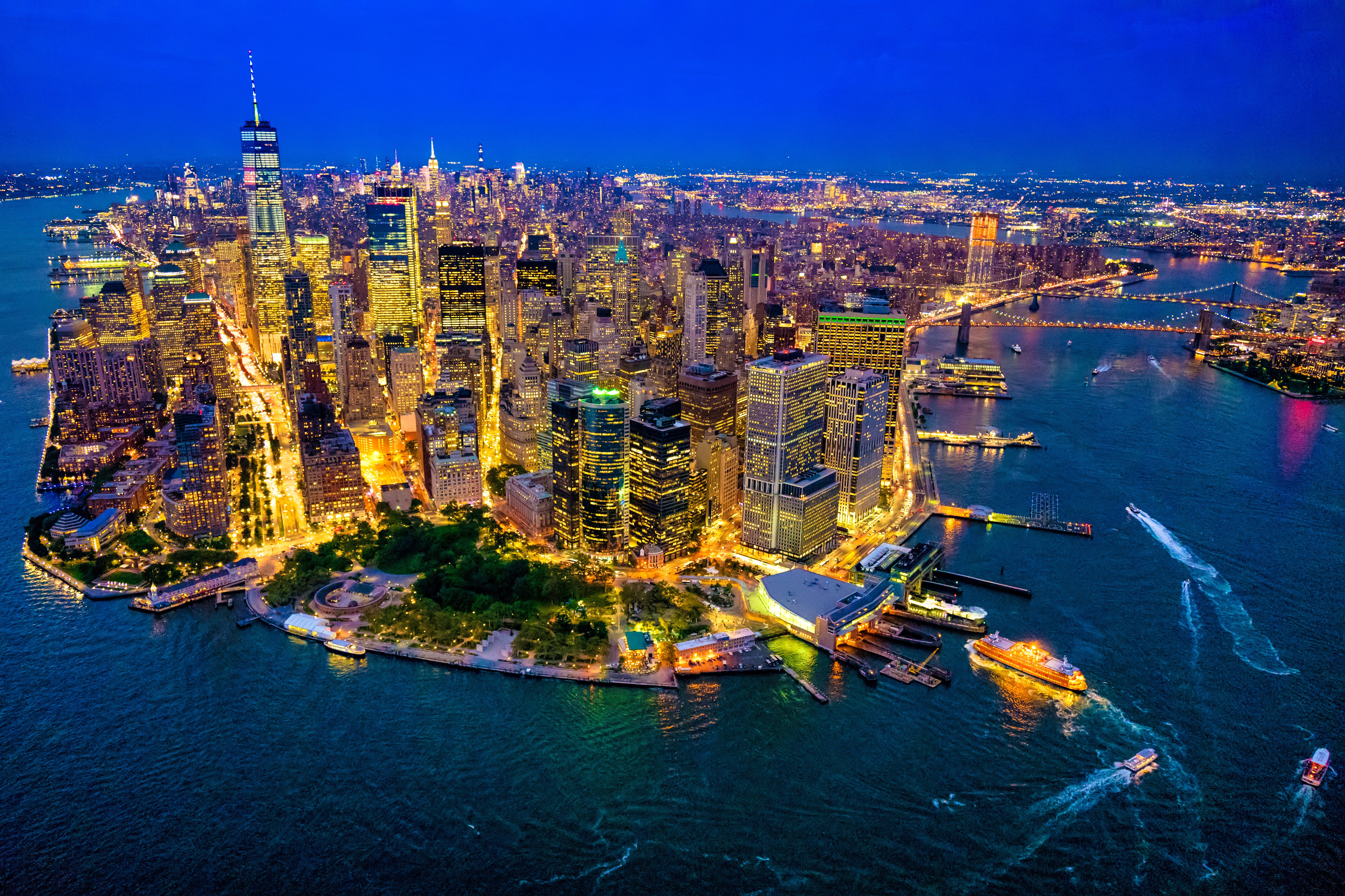 Lower Manhattan Skyline at Night - Aerial Cityscape Photography
