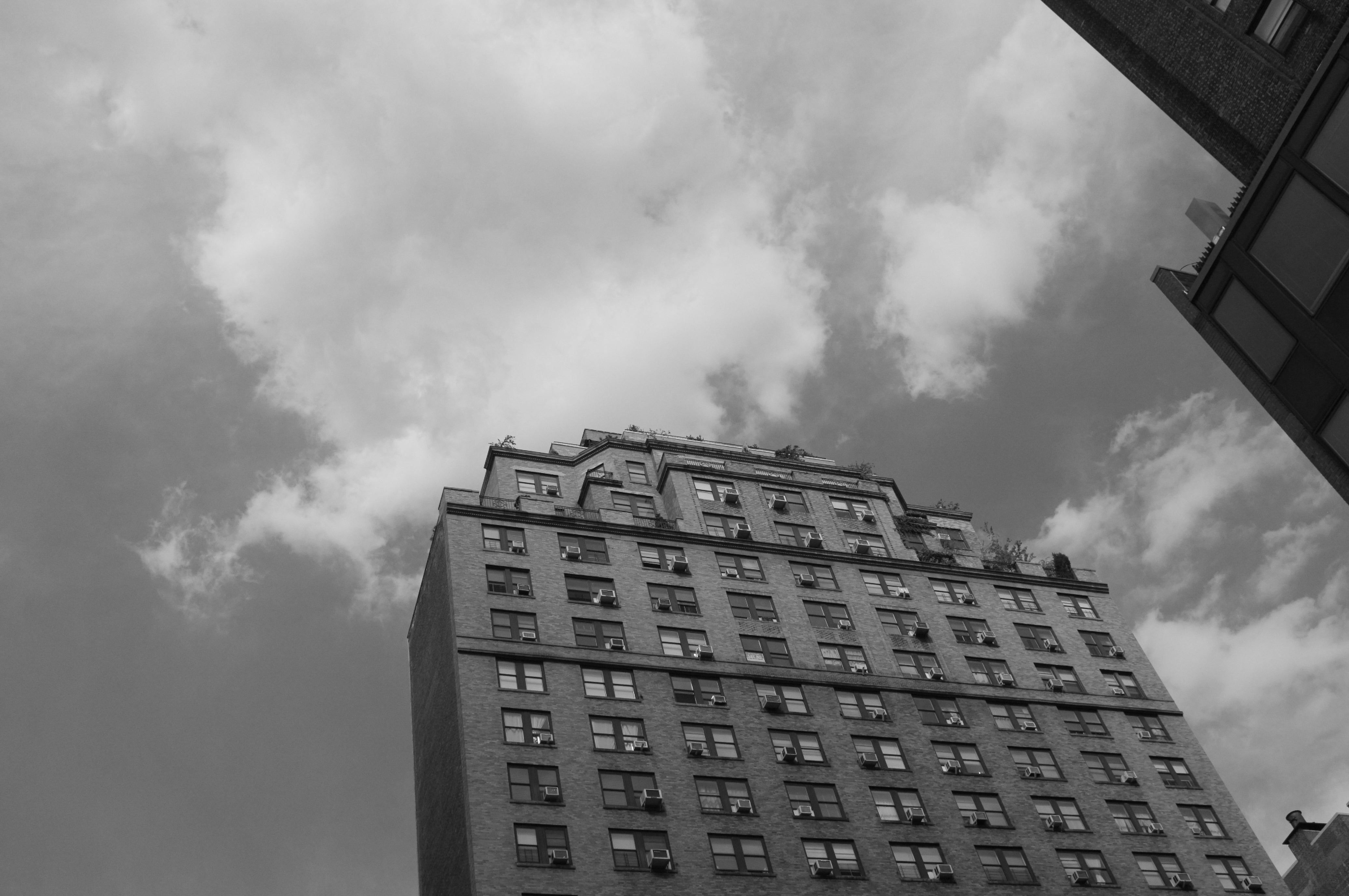 Manhattan Brick Tower Looking Up - Black and White Architecture Photography