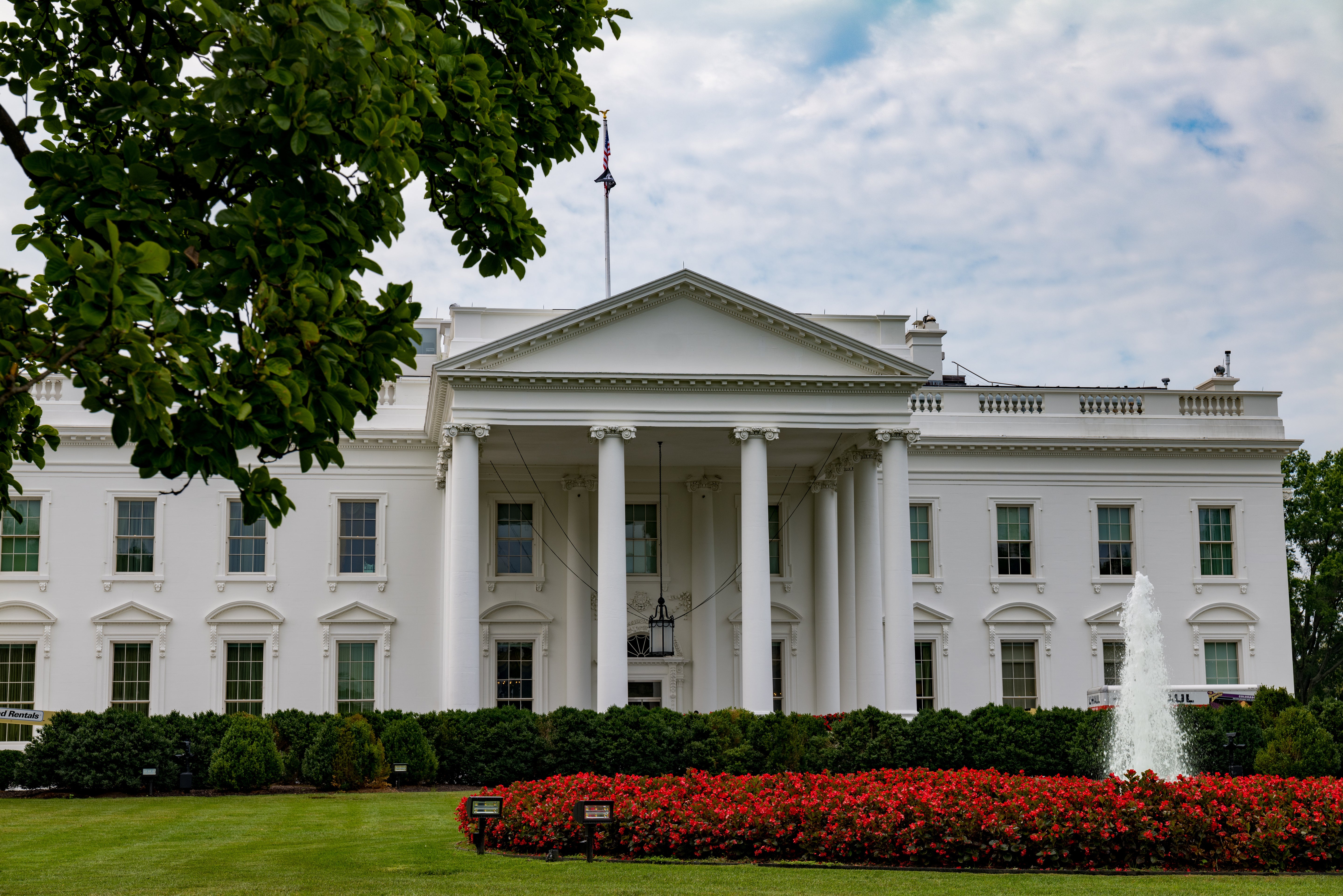 White House Fountain and Red Flowers - Washington DC Photography