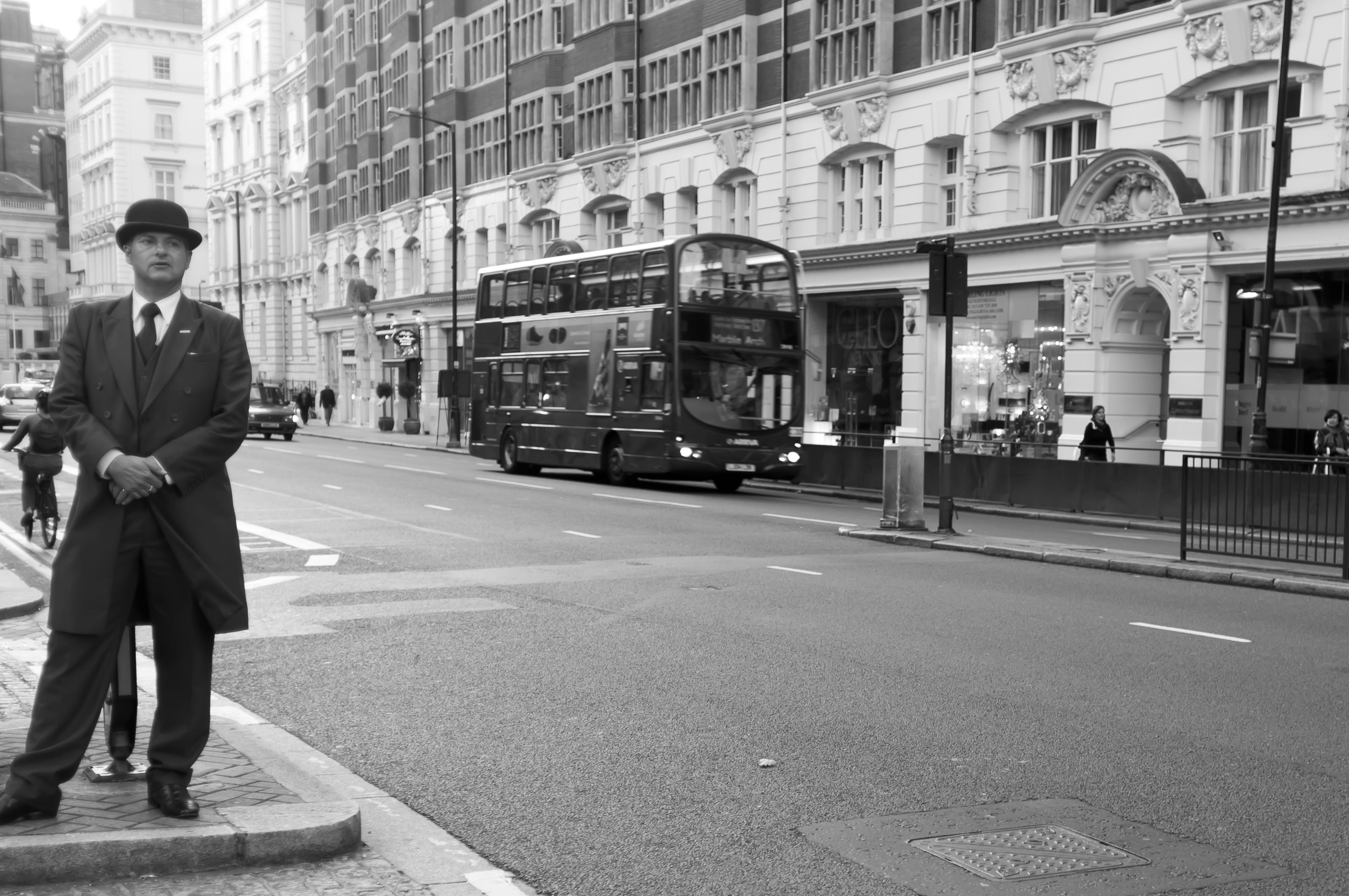 Bowler Hat Gentleman and Double-Decker - London Street Photography