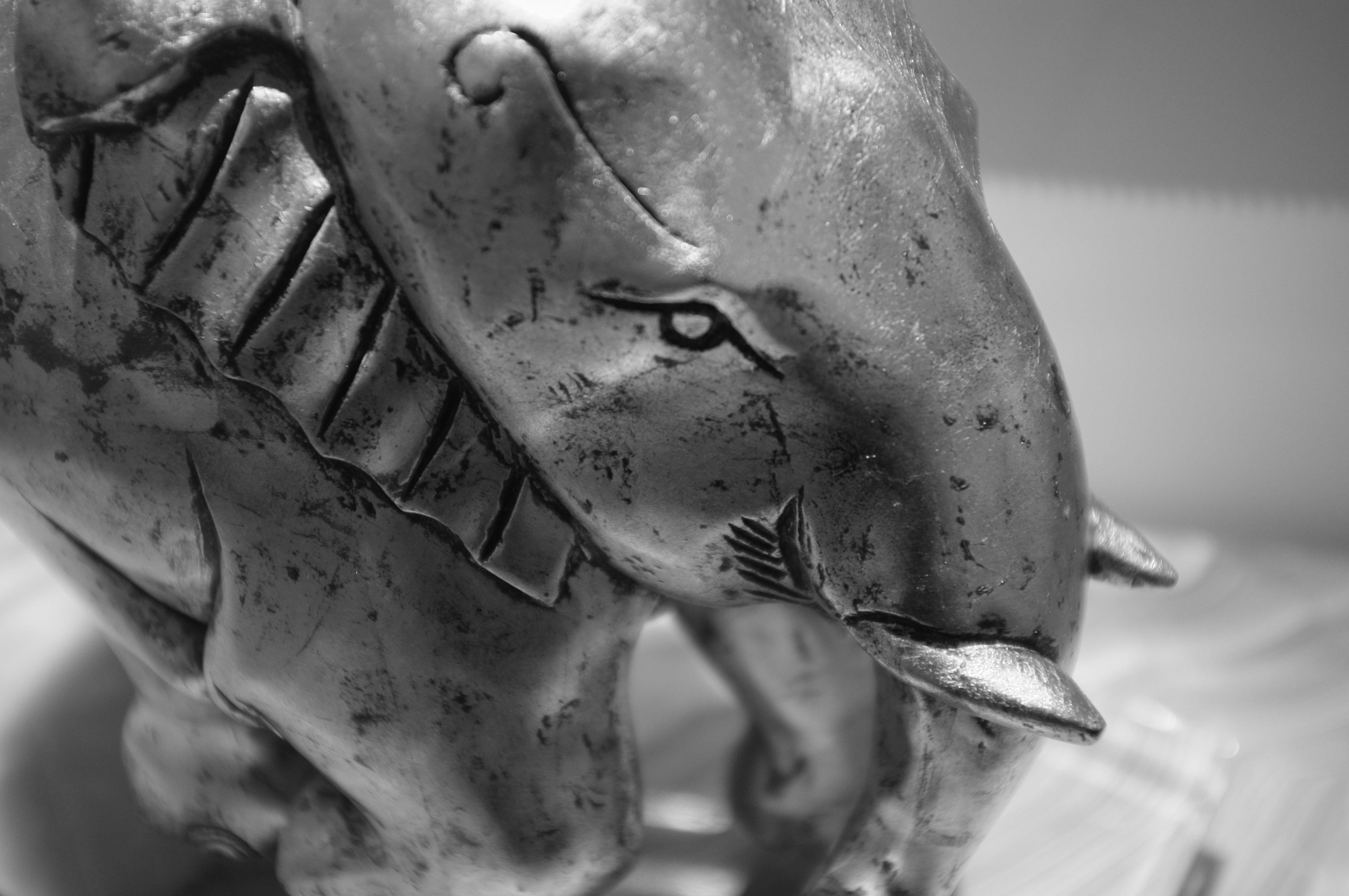 Metallic Elephant Sculpture - Monochrome Close-Up Photography