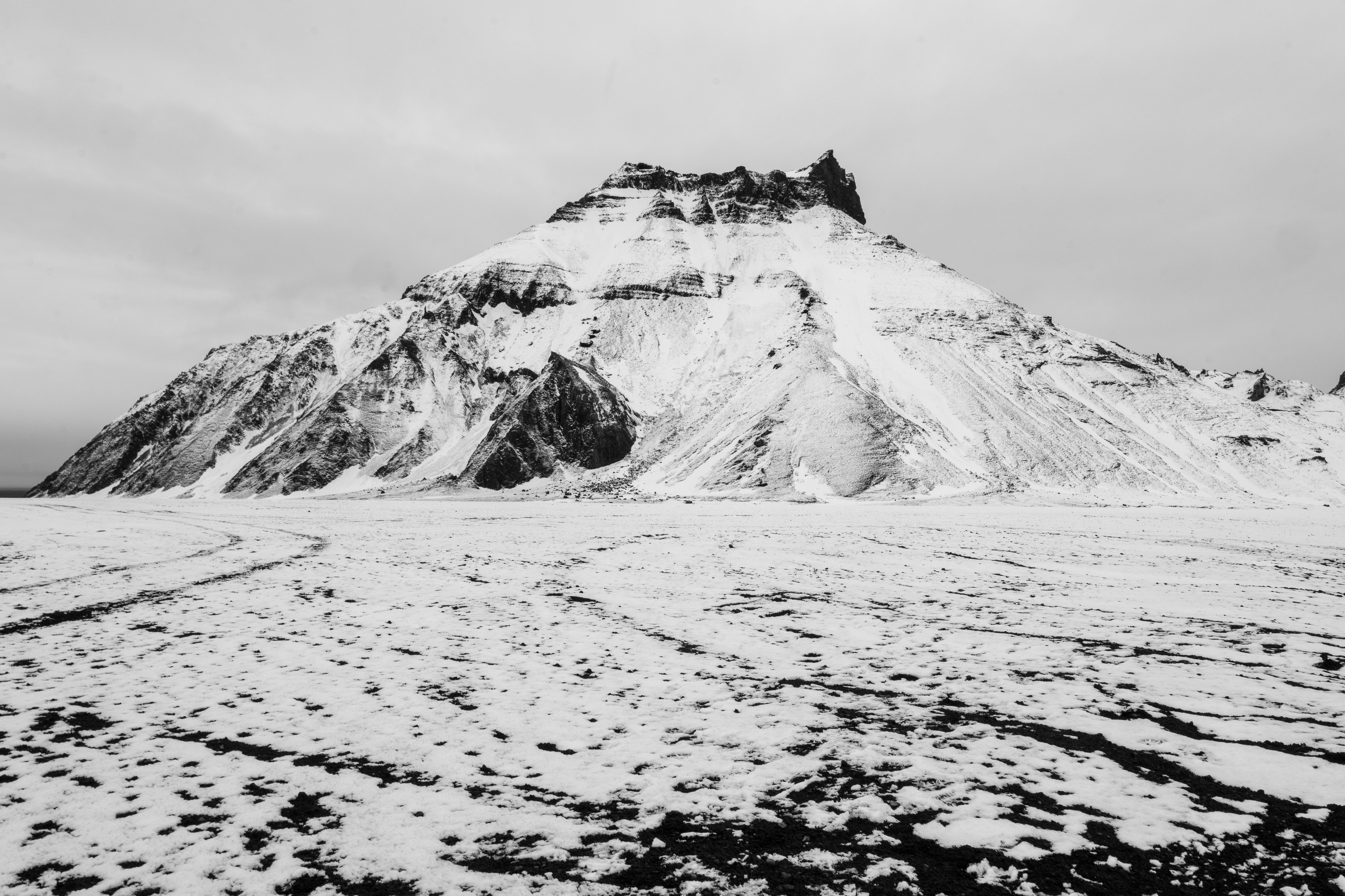 Snow-Covered Volcanic Peak - Iceland Black and White Landscape Photography
